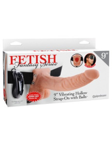 9" Vibrating Hollow Strap-On with Balls Light/Black