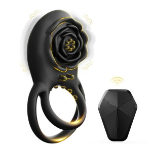 Black Beauty Double Penis Ring, Remote Control, 8 Vibration Modes, Silicone, Magnetic USB, Black, Passion Labs
