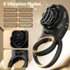 Black Beauty Double Penis Ring, Remote Control, 8 Vibration Modes, Silicone, Magnetic USB, Black, Passion Labs