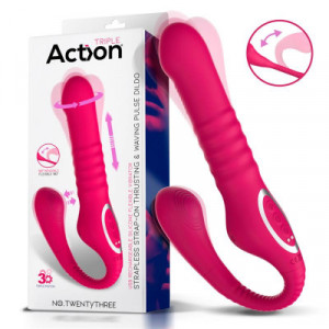 Action Strapless Strap-On Thrusting & Waving Pulse Triple Action Dildo Pink