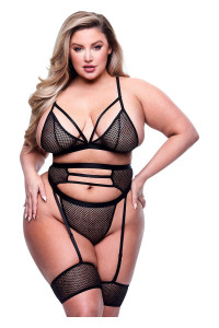  3Pc Strappy Bra, Garter & Panty Set Black